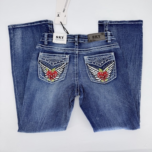 Sky Denim - SKY Premium Collection Low Rise Bootcut Jeans Heart Wings Rhinestone 9/10 NWT